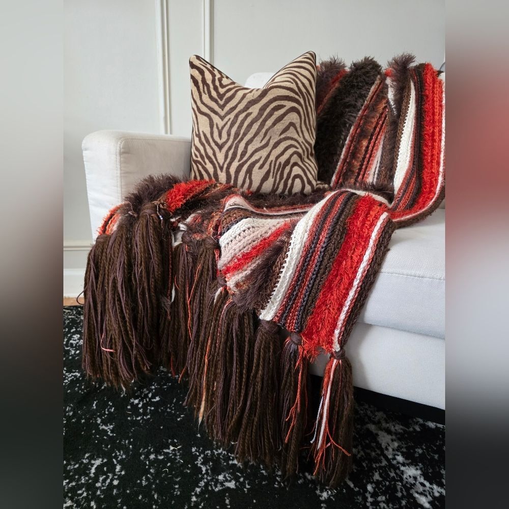 Handmade Thick Knit Fringe Throw Blanket Autumnal Colors Afghan 86x40